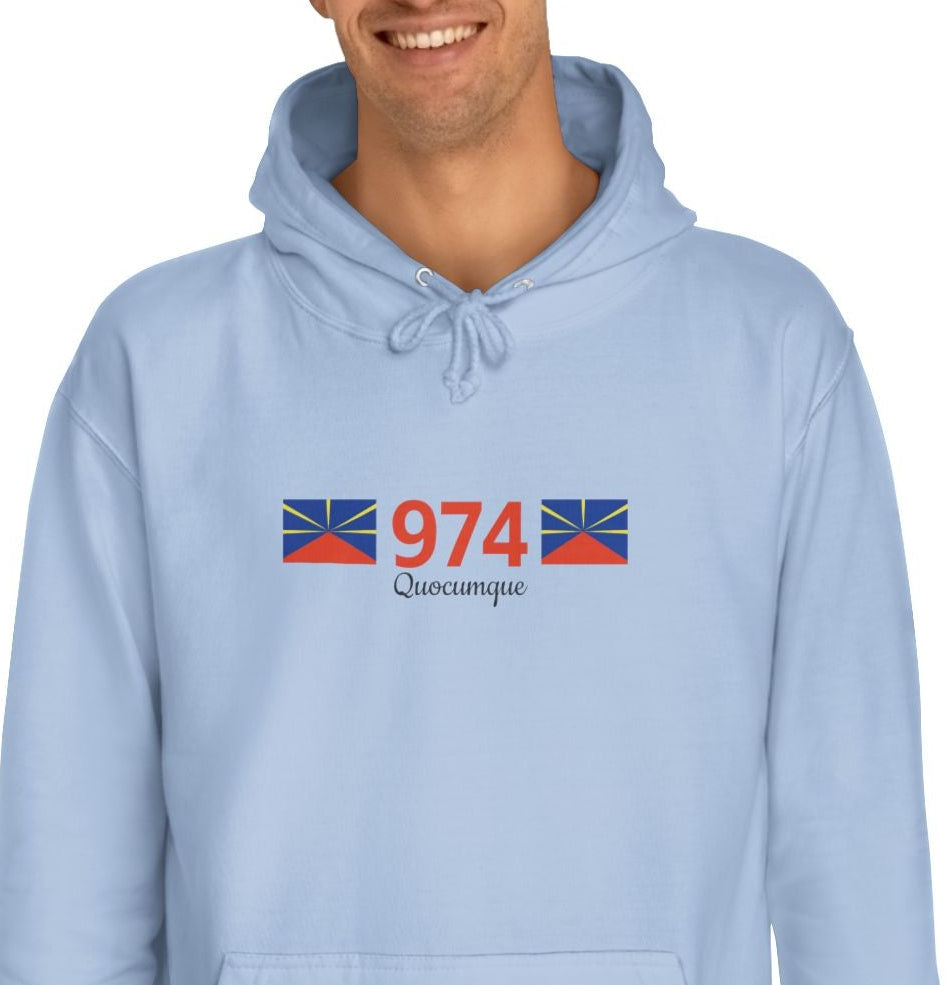 Sweat à Capuche "974" pour Adulte, Hoodie, Unisexe, Élégance, Sobriété, Homme, Femme, Indicatif Réunion, Drapeau Local