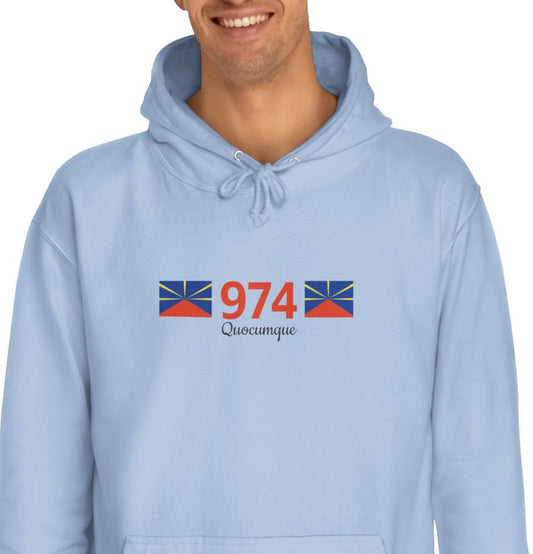 Sweat à Capuche "974" pour Adulte, Hoodie, Unisexe, Élégance, Sobriété, Homme, Femme, Indicatif Réunion, Drapeau Local