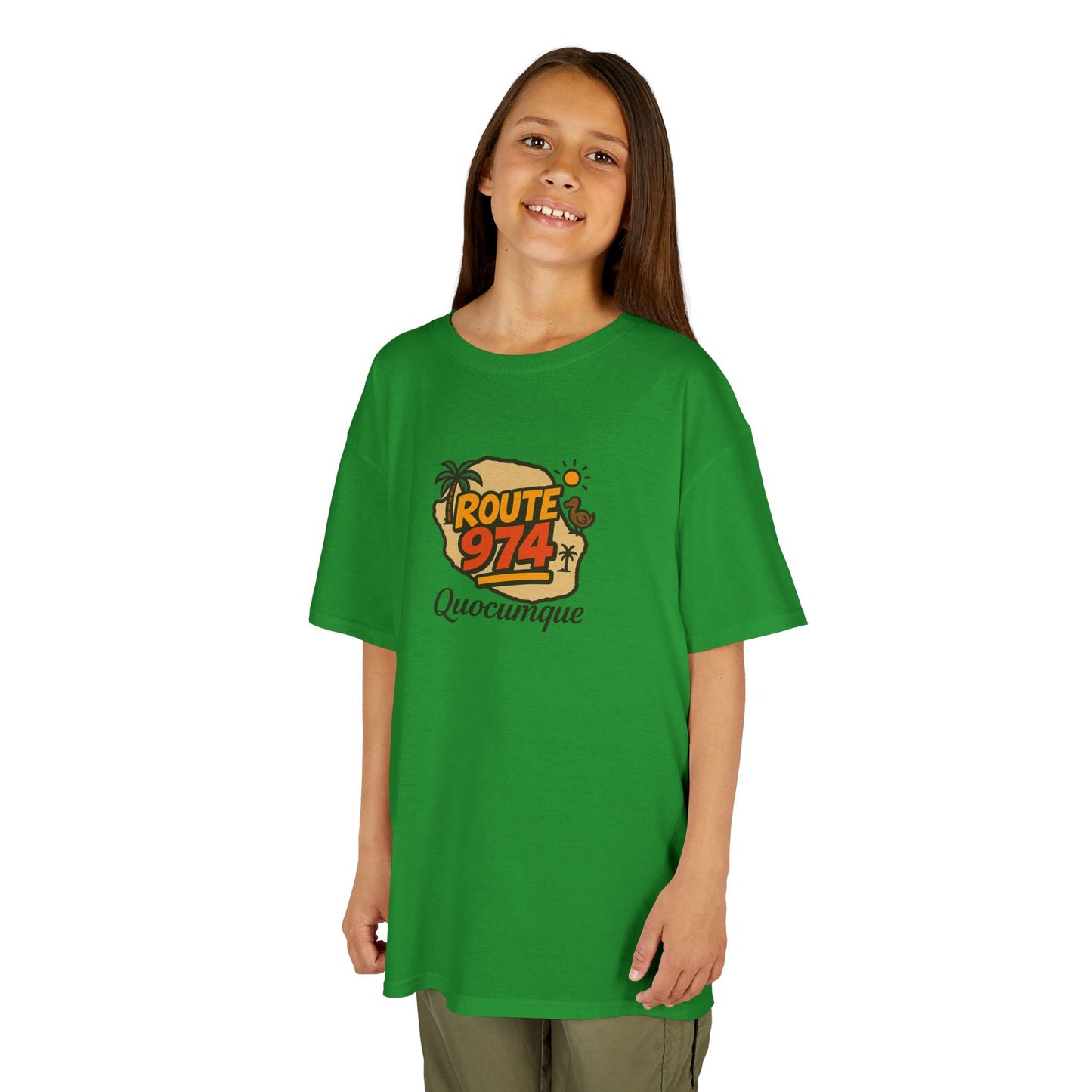 T-shirt "Route 974", Île de La Réunion, Douceur Coton, Pour les enfants de 5-6 ans( Taille XS), Pour les 7-8 ans( taille S), Pour les 9-10 ans( taille M), Pour les 11-12 ans( taille L), Pour les 13-14 ans( taille XLS)