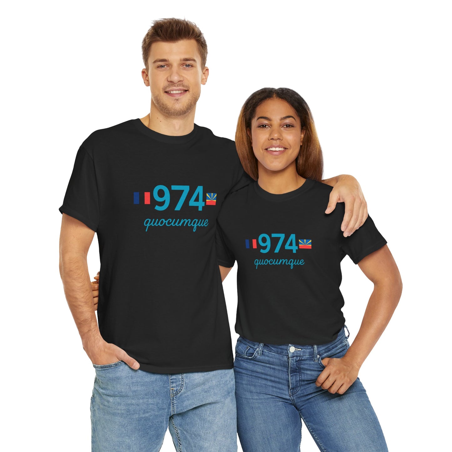 T-shirt "974 Drapeaux", Île de La Réunion, Confort Coton, Sobre, Elégant, Souvenir Unique, Cadeau, Unisexe, Esprit Voyageur