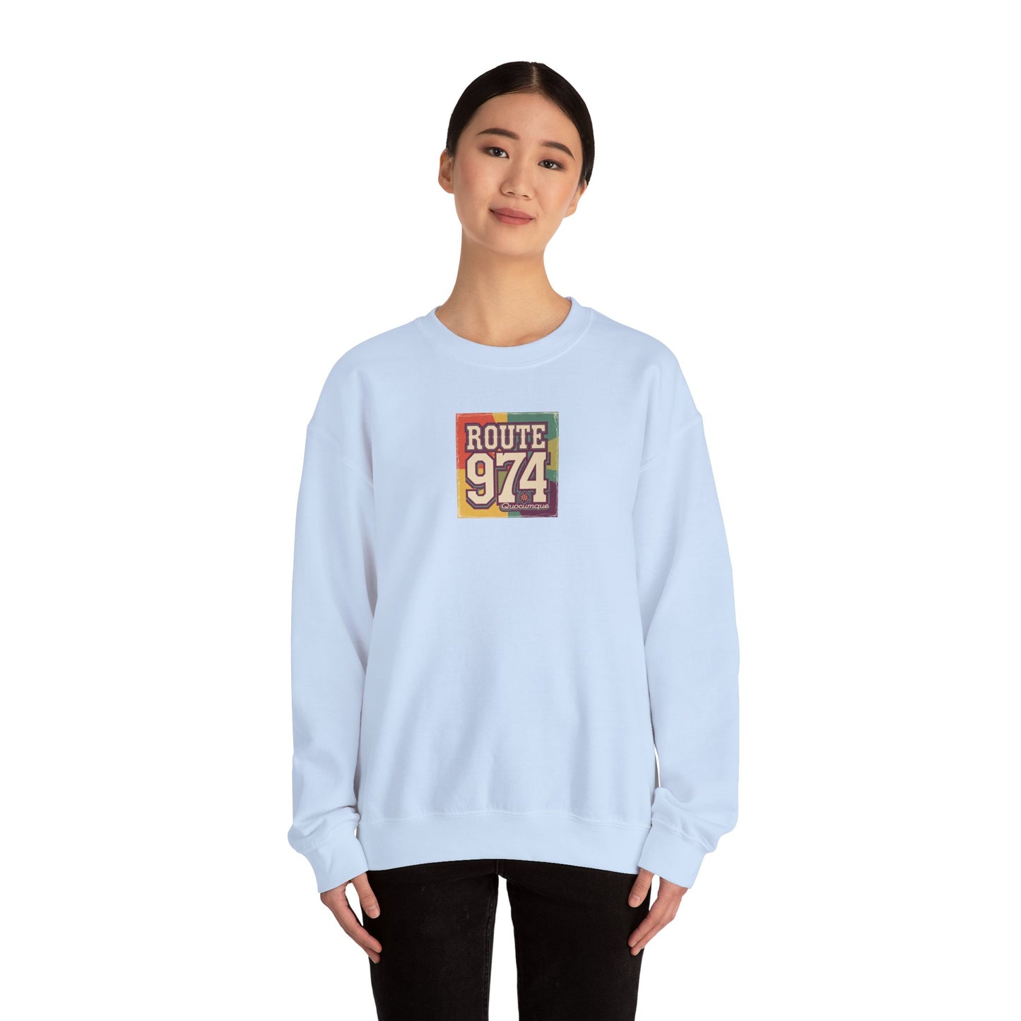 Sweat-Shirt Quocumque "Route 974", Période Hippies, Destination l'Île De La Réunion, Adulte, Homme, Femme, Sportive, Sportif, Décontracté, Élégant, Classique,