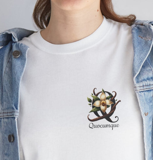 T-shirt Quocumque Vanille "Fleur et Gousses", île de La Réunion, Confort Coton, Sobre, Elégant, Souvenir Unique, Cadeau, Unisexe, Esprit Voyageur