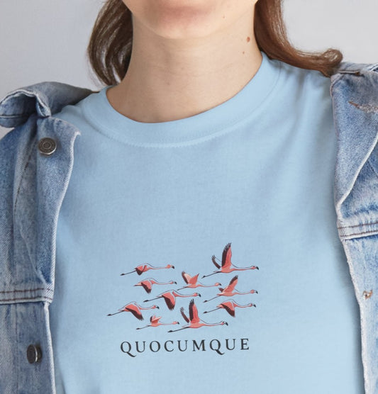 T-shirt Quocumque "Flamand Rose", Adulte, Confort Coton, Sobre, Elégant, Souvenir Unique, Cadeau, Unisexe, Classique, Rose éclatant, Femme