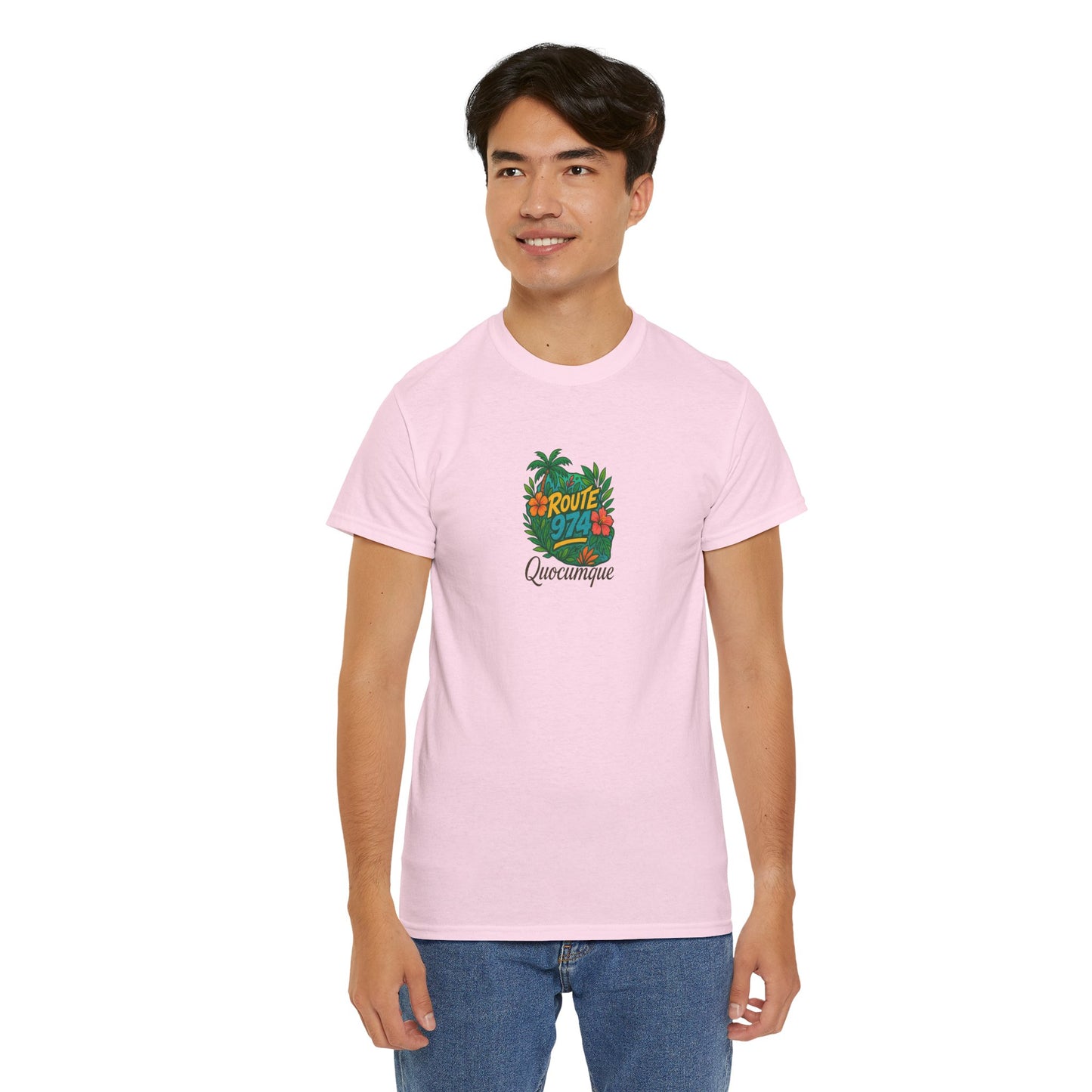 T-shirt "Route 974 Flore", Destination Île de La Réunion, Confort Coton, Sobre, Elégant, Souvenir Unique, Cadeau, Unisexe, Esprit Voyageur