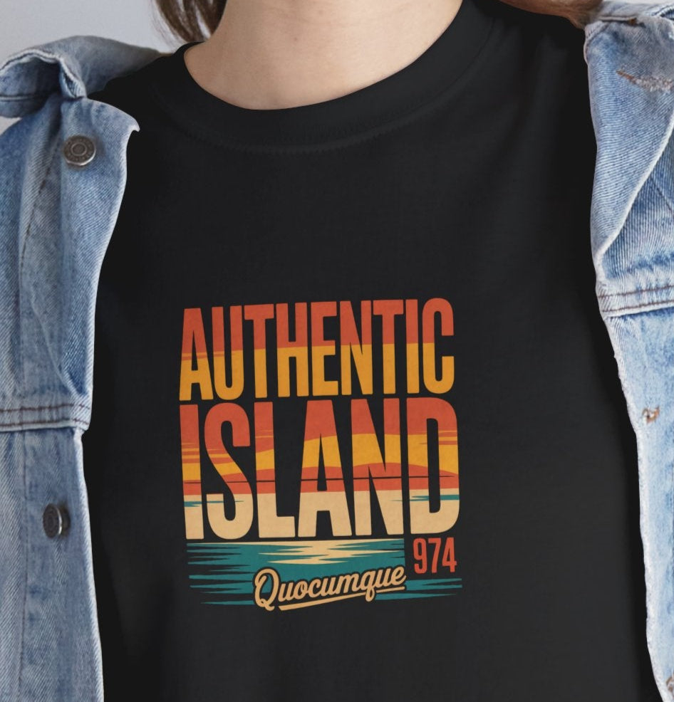 T-shirt "Authentic Island", Exotisme, Destination Île de La Réunion, Confort Coton, Sobre, Elégant, Souvenir Unique, Cadeau, Unisexe, Esprit Voyageur