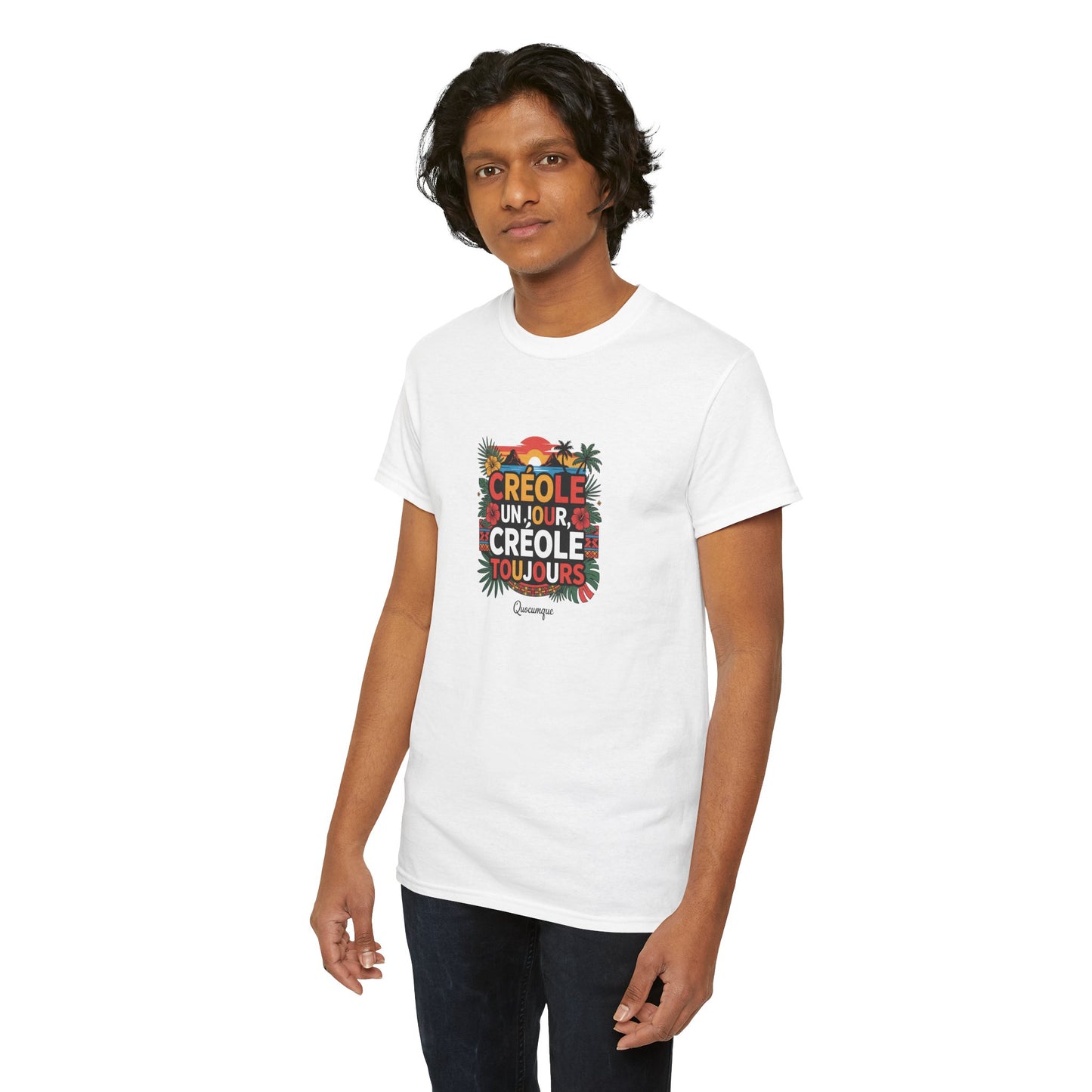 T-shirt Quocumque "Créole" Île de La Réunion", Confort Coton, Sobre, Elégant, Souvenir Unique, Cadeau, Unisexe, Esprit Voyageur