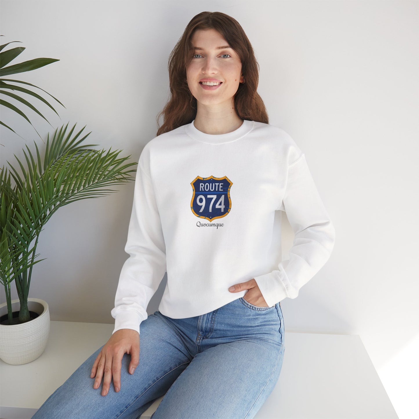 Sweat-Shirt Quocumque "Route 974", Exotique, Destination l'Île De La Réunion, Adulte, Homme, Femme, Sportive, Sportif, Décontracté, Élégant, Classique,