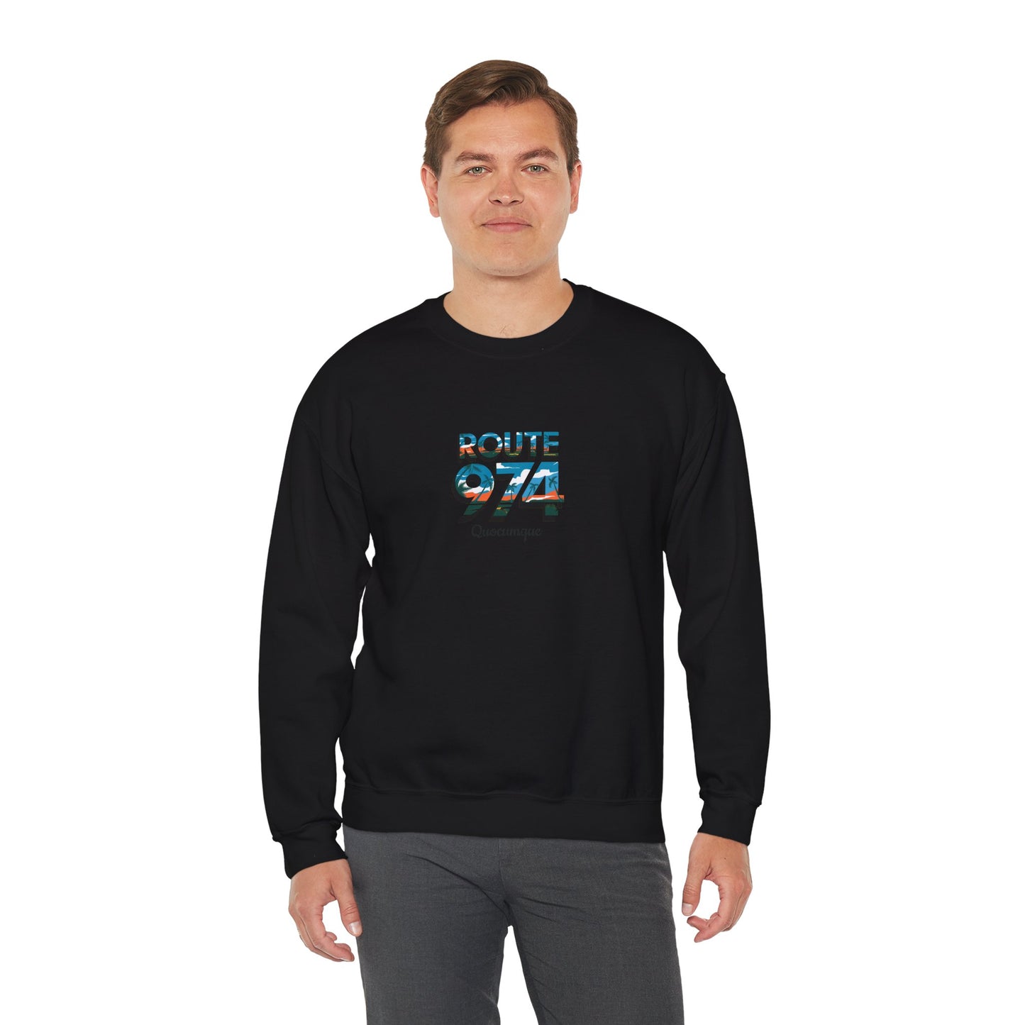 Sweat-Shirt Quocumque "Route 974", Exotique, Destination l'Île De La Réunion, Adulte, Homme, Femme, Sportive, Sportif, Décontracté, Élégant, Classique,