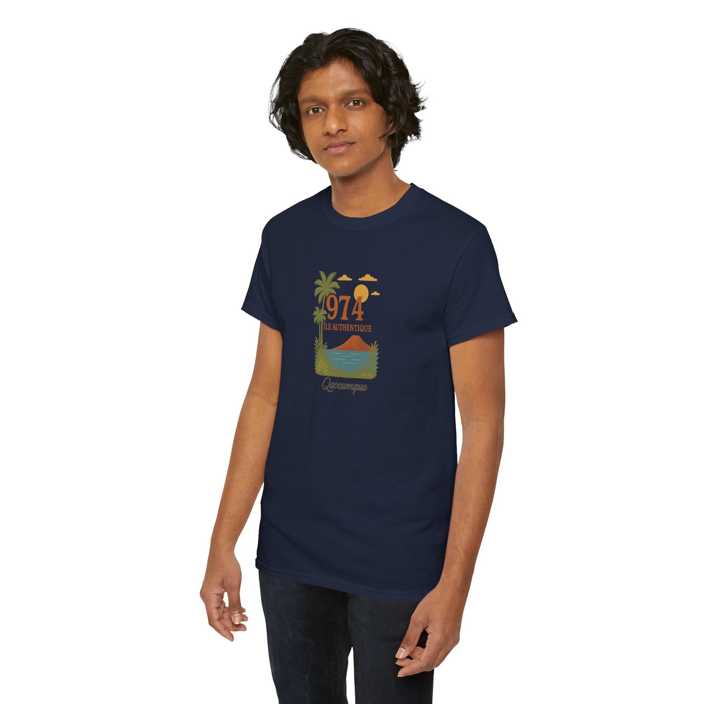 T-shirt "974 Île Authentique", Exotisme, Destination Île de La Réunion, Confort Coton, Sobre, Elégant, Souvenir Unique, Cadeau, Unisexe, Esprit Voyageur