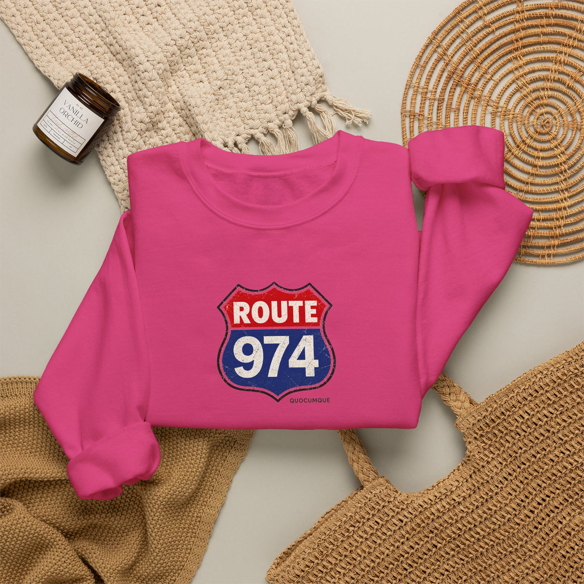 Sweat Quocumque "Route 974", Exotique, Destination Île De La Réunion, Adulte, Homme, Femme, Sportive, Sportif, Décontracté, Drapeau Régional