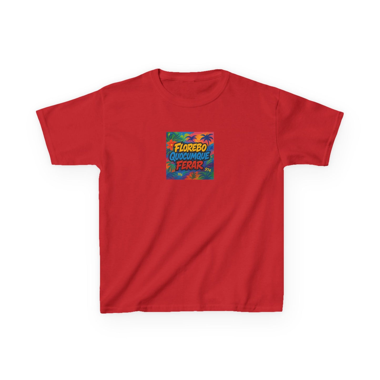 T-shirt "Florebo Quocumque Ferar", Île de La Réunion, Douceur Coton,  Pour les enfants de 5-6 ans( Taille XS), Pour les 7-8 ans( taille S), Pour les 9-10 ans( taille M), Pour les 11-12 ans( taille L), Pour les 13-14 ans( taille XLS)