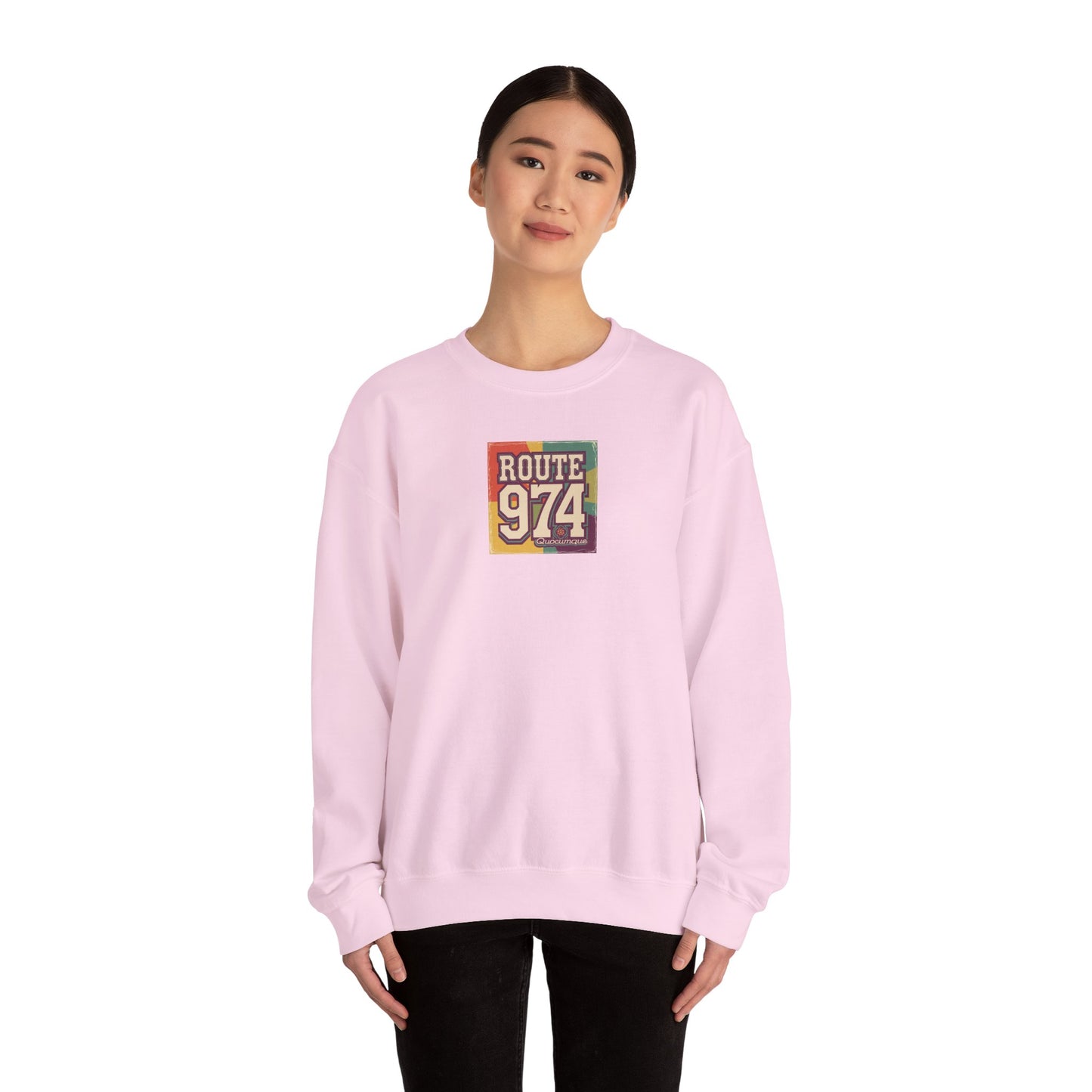 Sweat-Shirt Quocumque "Route 974", Période Hippies, Destination l'Île De La Réunion, Adulte, Homme, Femme, Sportive, Sportif, Décontracté, Élégant, Classique,