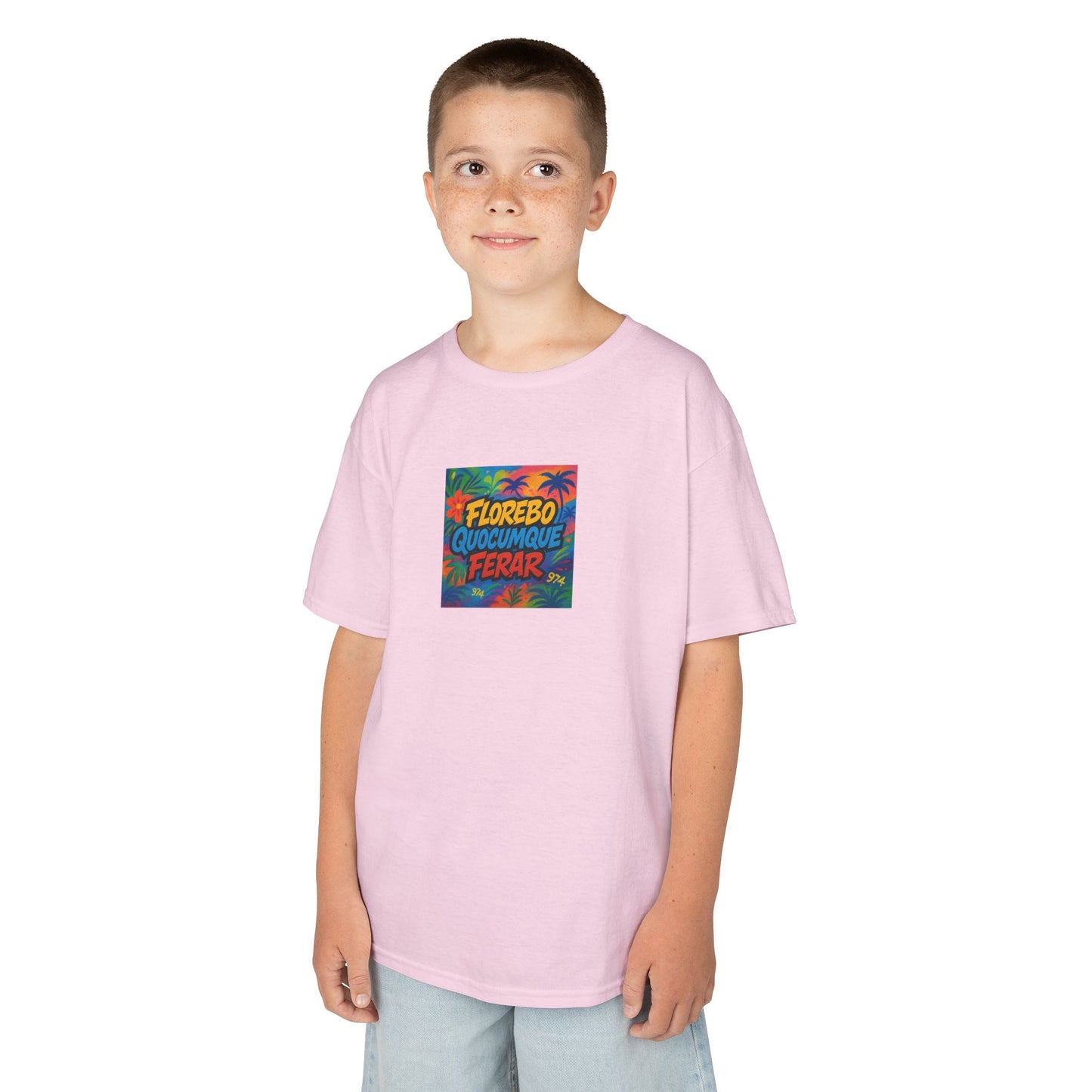 T-shirt "Florebo Quocumque Ferar", Île de La Réunion, Douceur Coton,  Pour les enfants de 5-6 ans( Taille XS), Pour les 7-8 ans( taille S), Pour les 9-10 ans( taille M), Pour les 11-12 ans( taille L), Pour les 13-14 ans( taille XLS)