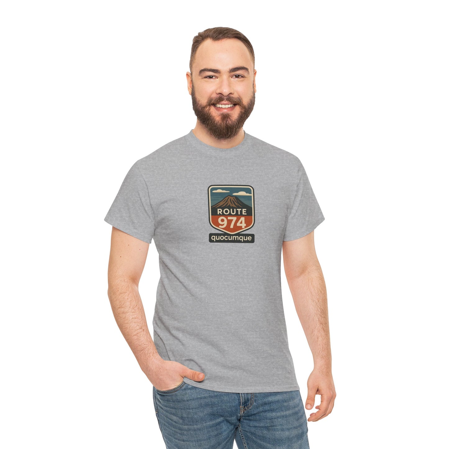 T-shirt "Route 974", Volcan, Exotisme, Destination Île de La Réunion, Confort Coton, Sobre, Elégant, Souvenir Unique, Cadeau, Unisexe, Esprit Voyageur
