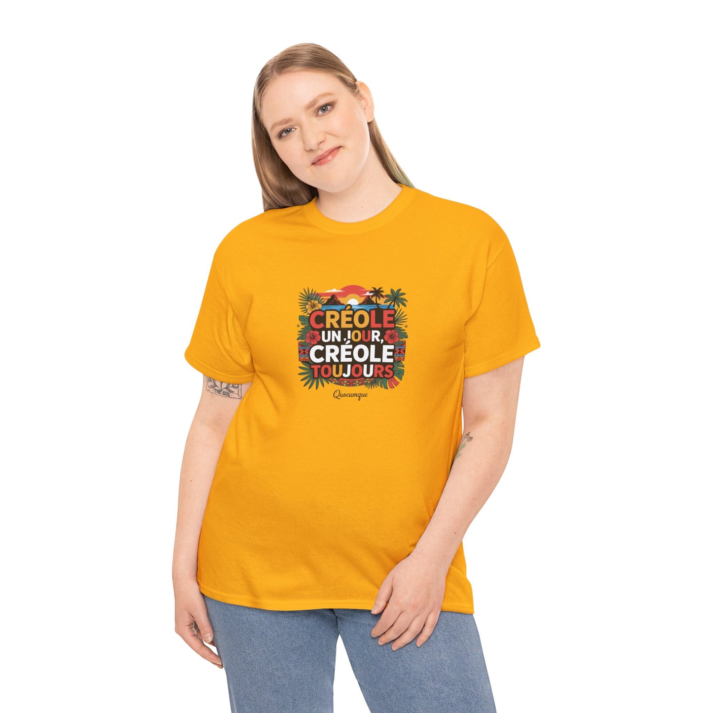T-shirt Quocumque "Créole" Île de La Réunion", Confort Coton, Sobre, Elégant, Souvenir Unique, Cadeau, Unisexe, Esprit Voyageur
