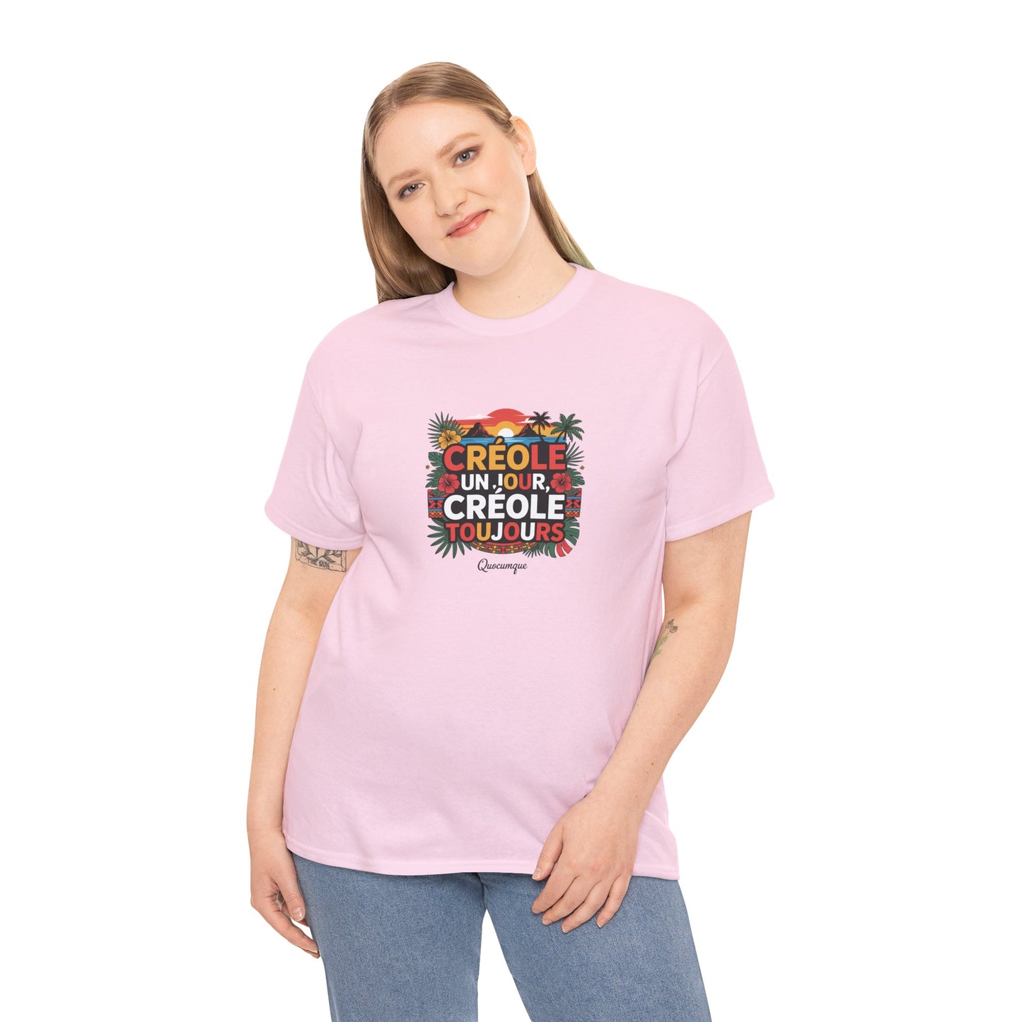 T-shirt Quocumque "Créole" Île de La Réunion", Confort Coton, Sobre, Elégant, Souvenir Unique, Cadeau, Unisexe, Esprit Voyageur