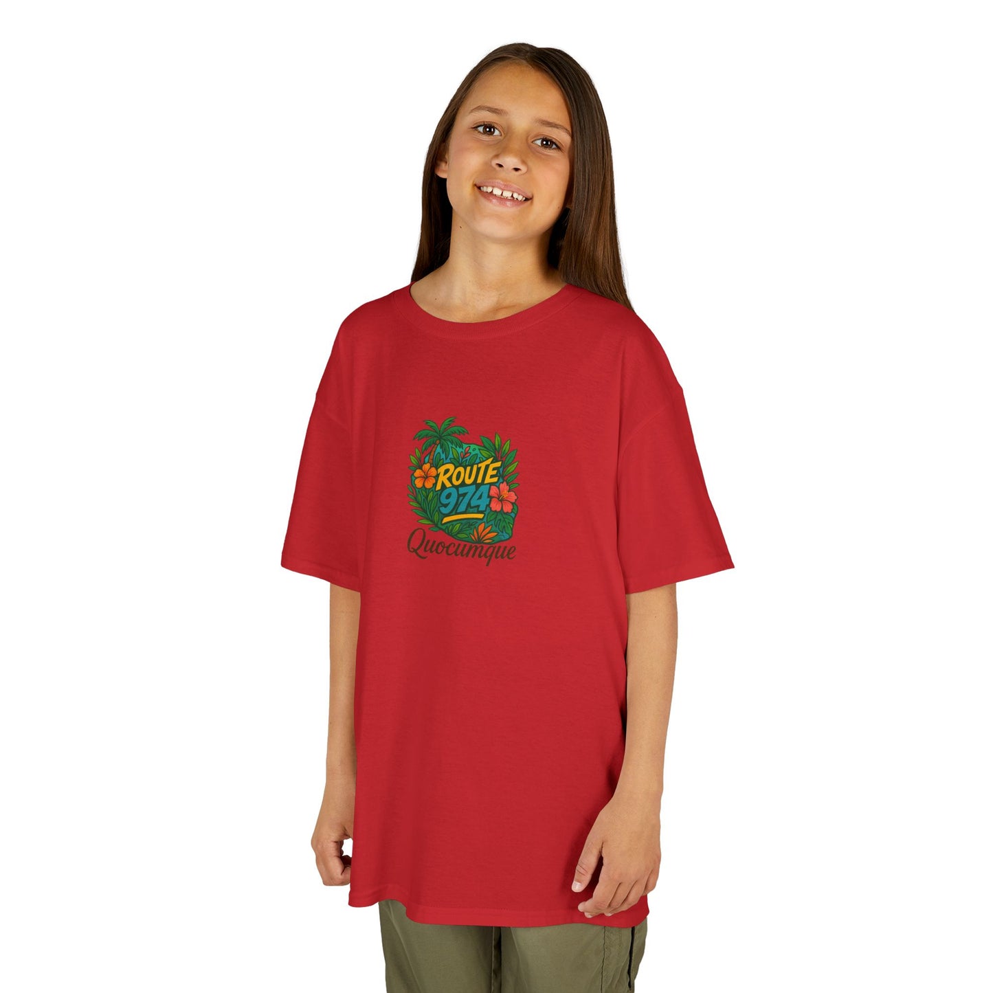 T-shirt "Route 974 Flore", Île de La Réunion, Douceur Coton,Pour les enfants de 5-6 ans( Taille XS), Pour les 7-8 ans( taille S), Pour les 9-10 ans( taille M), Pour les 11-12 ans( taille L), Pour les 13-14 ans( taille XLS)
