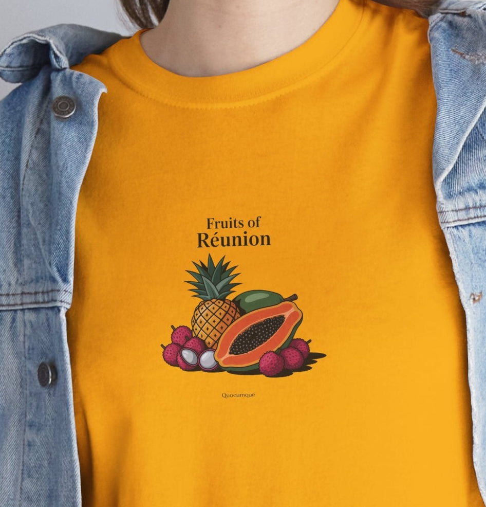 T-shirt "Fruits of Réunion", Île de La Réunion, Confort Coton, Sobre, Elégant, Souvenir Unique, Cadeau, Unisexe, Esprit Voyageur