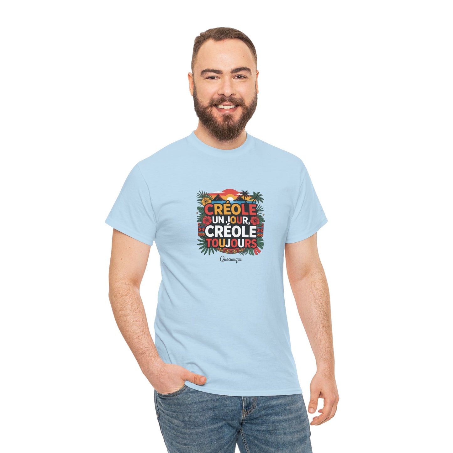 T-shirt Quocumque "Créole" Île de La Réunion", Confort Coton, Sobre, Elégant, Souvenir Unique, Cadeau, Unisexe, Esprit Voyageur