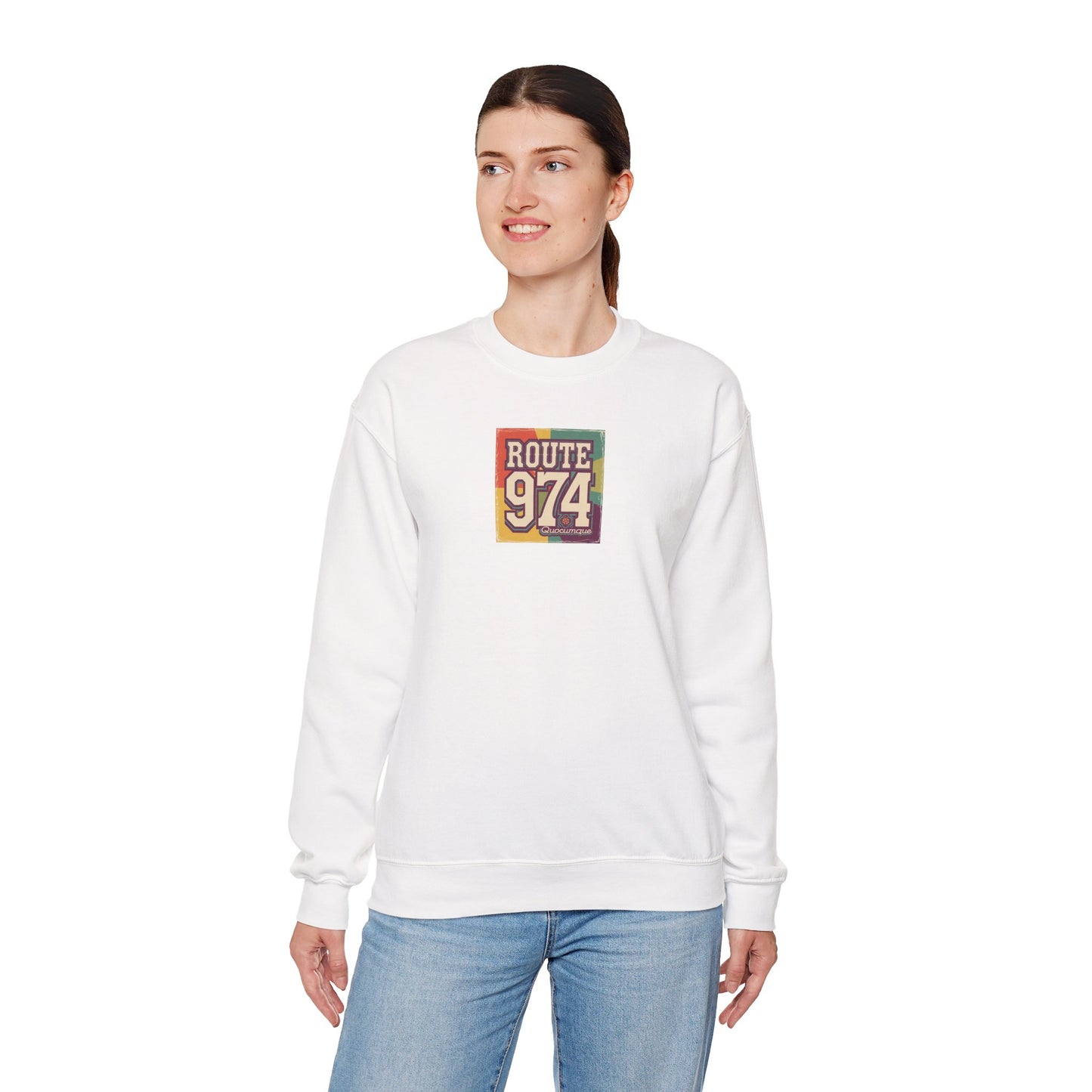 Sweat-Shirt Quocumque "Route 974", Période Hippies, Destination l'Île De La Réunion, Adulte, Homme, Femme, Sportive, Sportif, Décontracté, Élégant, Classique,