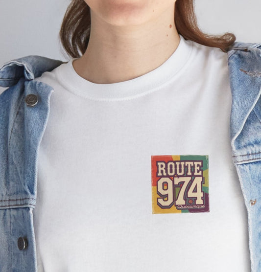 T-shirt "Route 974", Années Hippies, Destination île de La Réunion, Confort Coton, Sobre, Elégant, Souvenir Unique, Cadeau, Unisexe, Esprit Voyageur