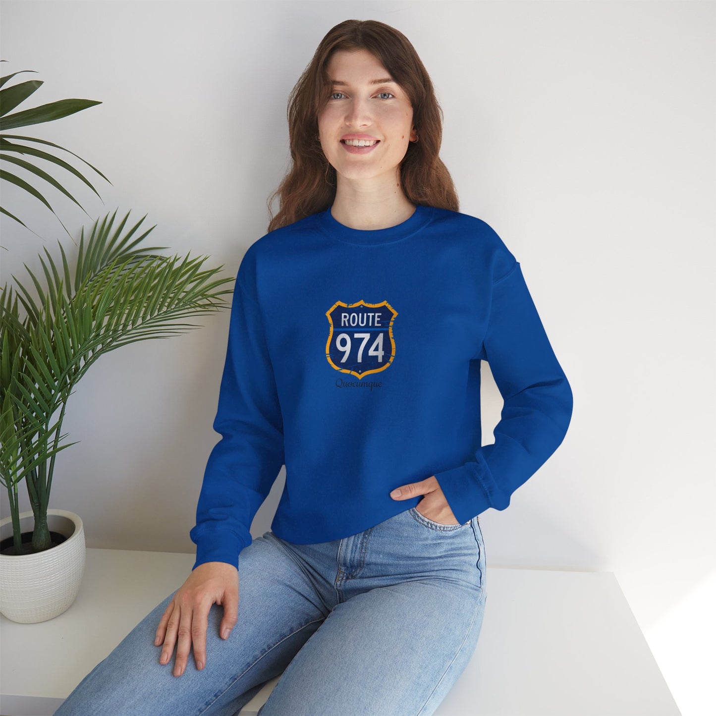 Sweat-Shirt Quocumque "Route 974", Exotique, Destination l'Île De La Réunion, Adulte, Homme, Femme, Sportive, Sportif, Décontracté, Élégant, Classique,