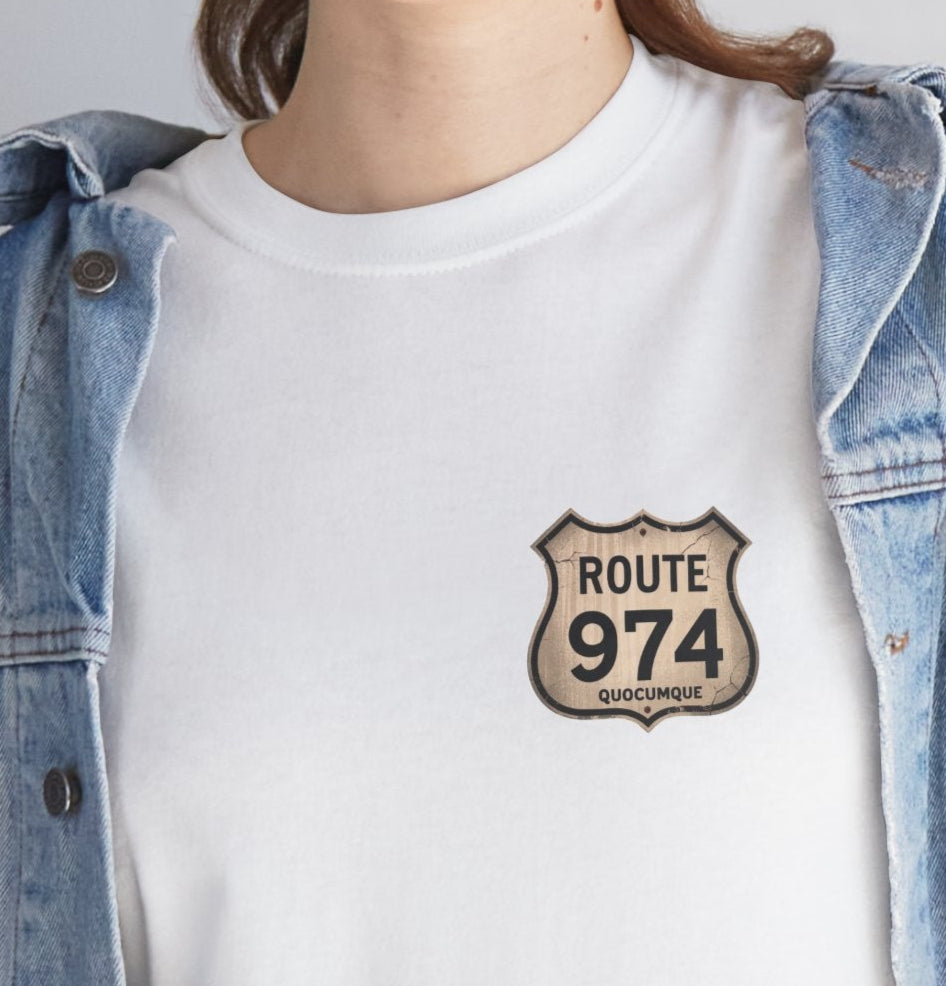 T-shirt "Route 974", Destination île de La Réunion, Confort Coton, Sobre, Elégant, Souvenir Unique, Cadeau, Unisexe, Esprit Voyageur