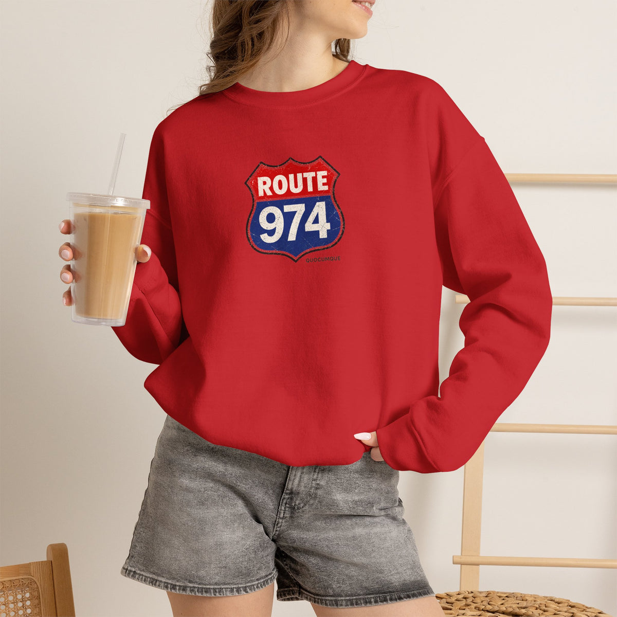 Sweat Quocumque "Route 974", Exotique, Destination Île De La Réunion, Adulte, Homme, Femme, Sportive, Sportif, Décontracté, Drapeau Régional