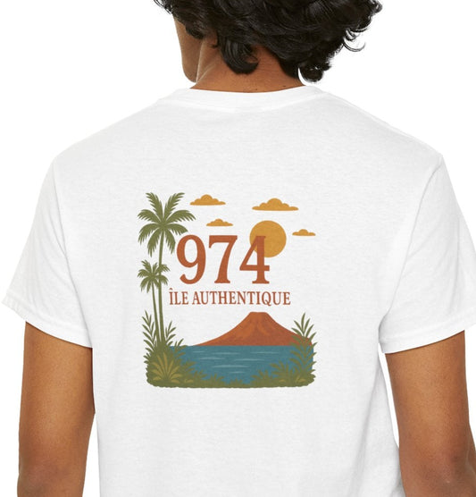 T-shirt "974 Île Authentique", Exotisme, Destination Île de La Réunion, Confort Coton, Sobre, Elégant, Souvenir Unique, Cadeau, Unisexe, Esprit Voyageur