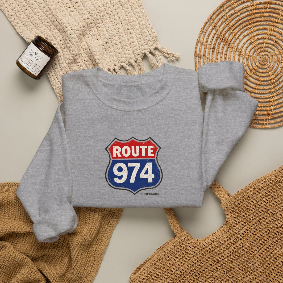 Sweat Quocumque "Route 974", Exotique, Destination Île De La Réunion, Adulte, Homme, Femme, Sportive, Sportif, Décontracté, Drapeau Régional