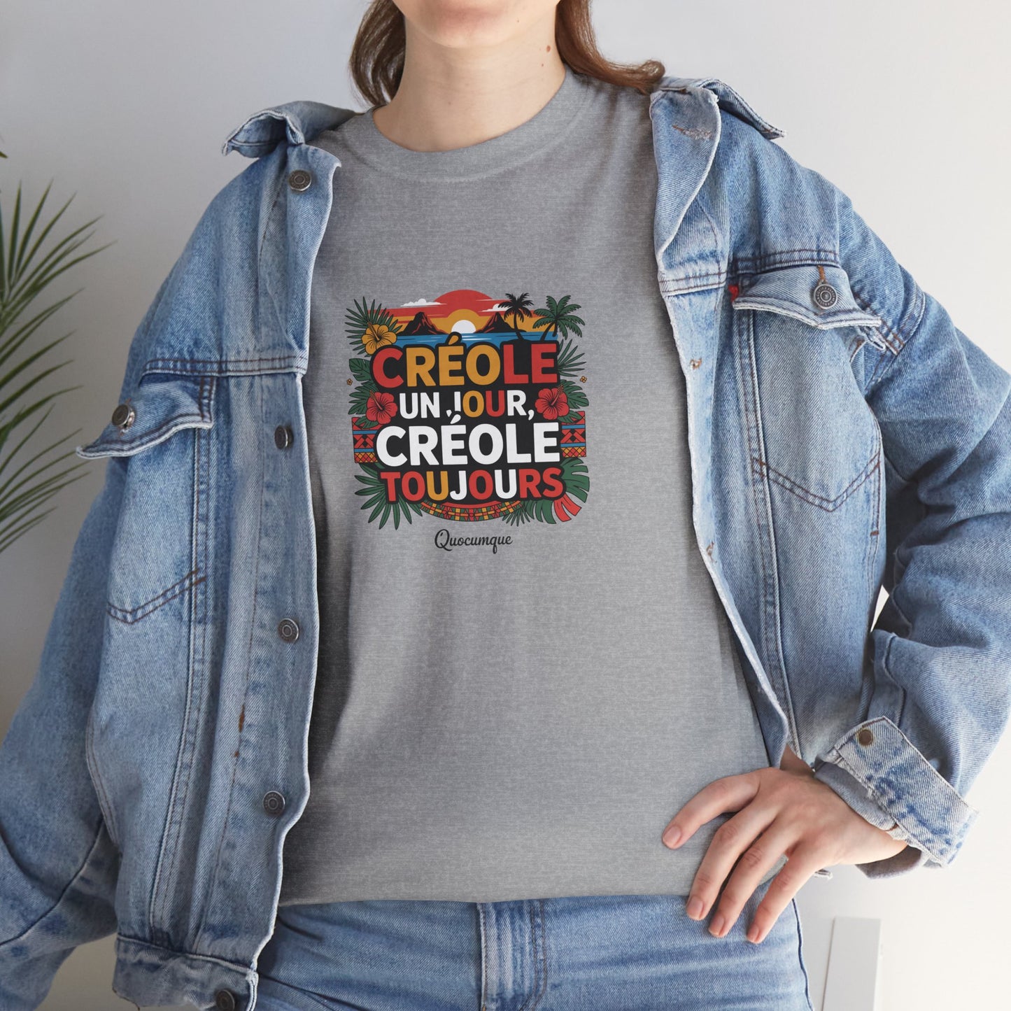 T-shirt Quocumque "Créole" Île de La Réunion", Confort Coton, Sobre, Elégant, Souvenir Unique, Cadeau, Unisexe, Esprit Voyageur