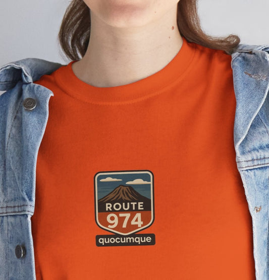 T-shirt "Route 974", Volcan, Exotisme, Destination Île de La Réunion, Confort Coton, Sobre, Elégant, Souvenir Unique, Cadeau, Unisexe, Esprit Voyageur