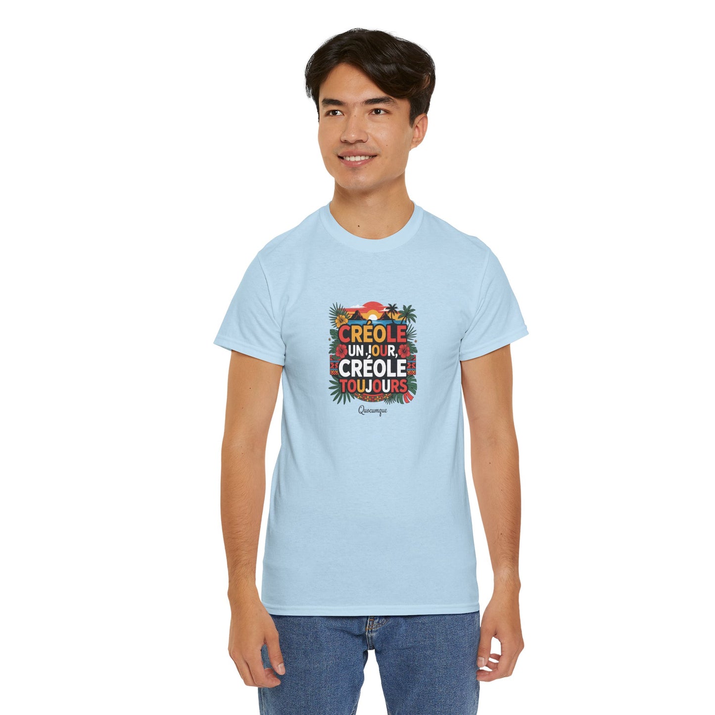 T-shirt Quocumque "Créole" Île de La Réunion", Confort Coton, Sobre, Elégant, Souvenir Unique, Cadeau, Unisexe, Esprit Voyageur