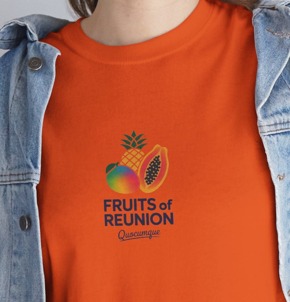 T-shirt "Fruits of Réunion", Île de La Réunion, Confort Coton, Sobre, Elégant, Souvenir Unique, Cadeau, Unisexe, Esprit Voyageur
