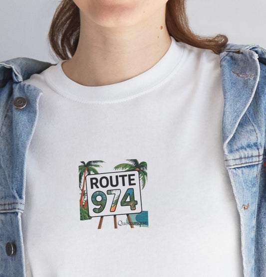 T-shirt "Route 974", Destination île de La Réunion, Confort Coton, Sobre, Elégant, Souvenir Unique, Cadeau, Unisexe, Esprit Voyageur