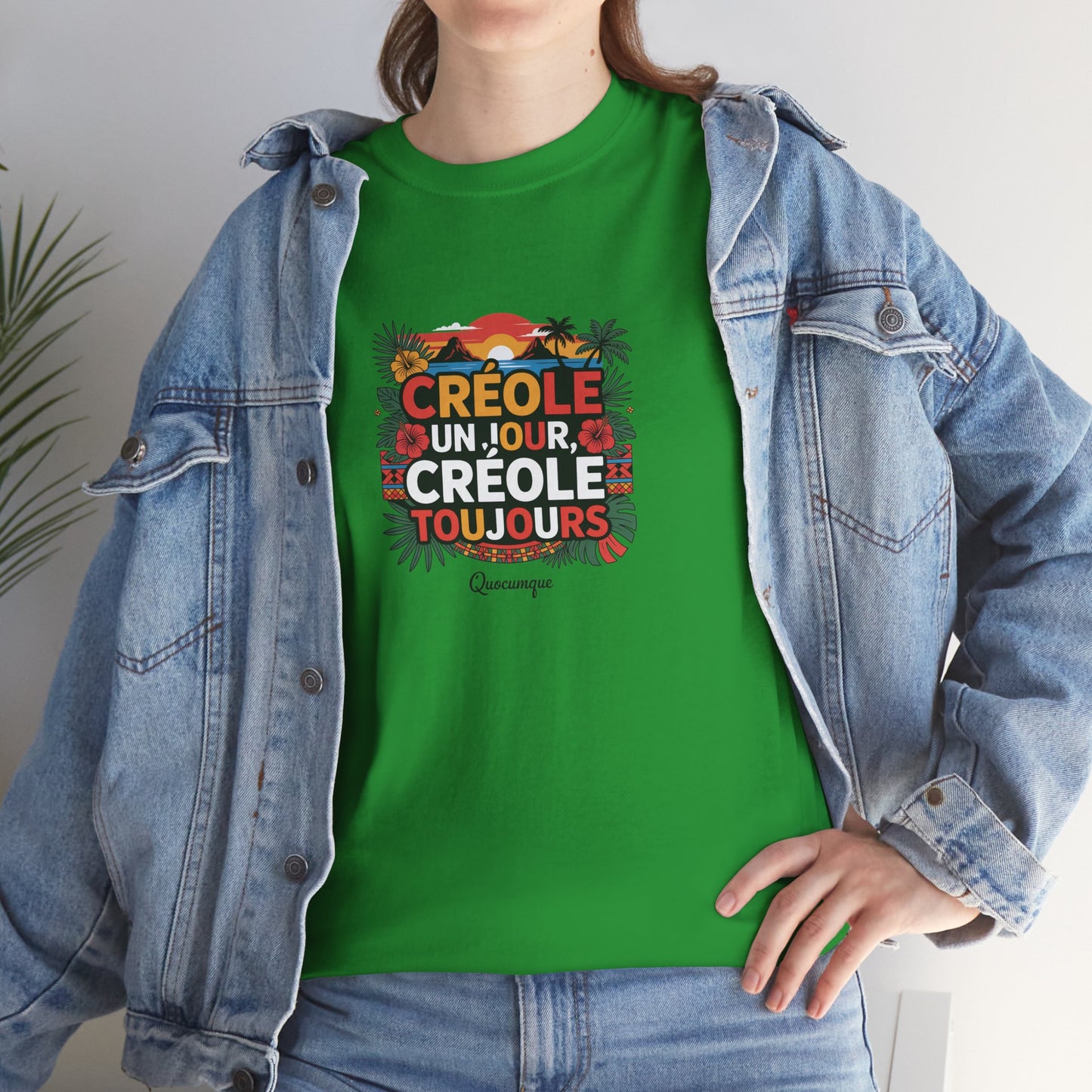 T-shirt Quocumque "Créole" Île de La Réunion", Confort Coton, Sobre, Elégant, Souvenir Unique, Cadeau, Unisexe, Esprit Voyageur