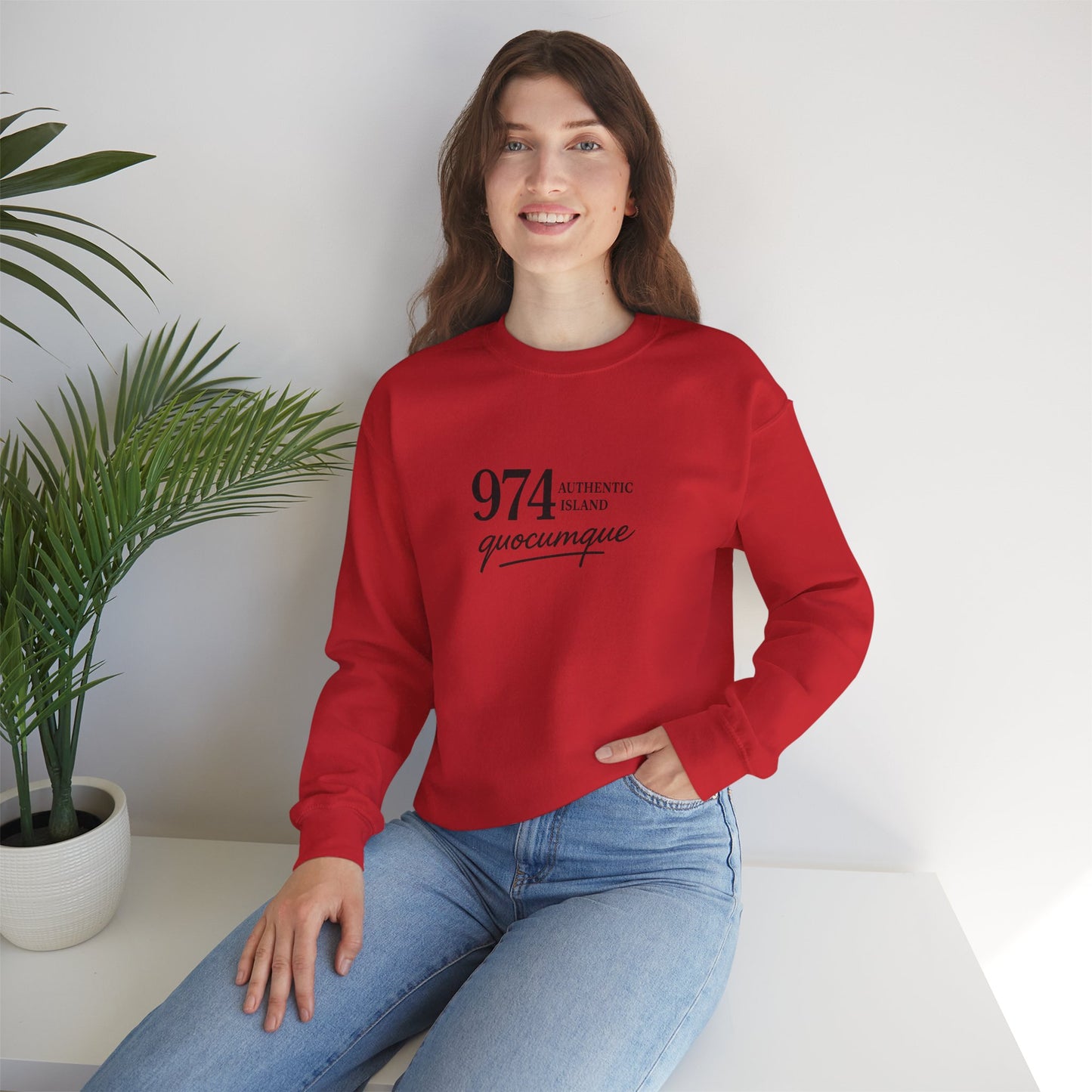 Sweat-Shirt Quocumque "974 Authentic Island", Exotique, Destination l'Île De La Réunion, Adulte, Homme, Femme, Sportive, Sportif, Décontracté, Élégant, Classique,