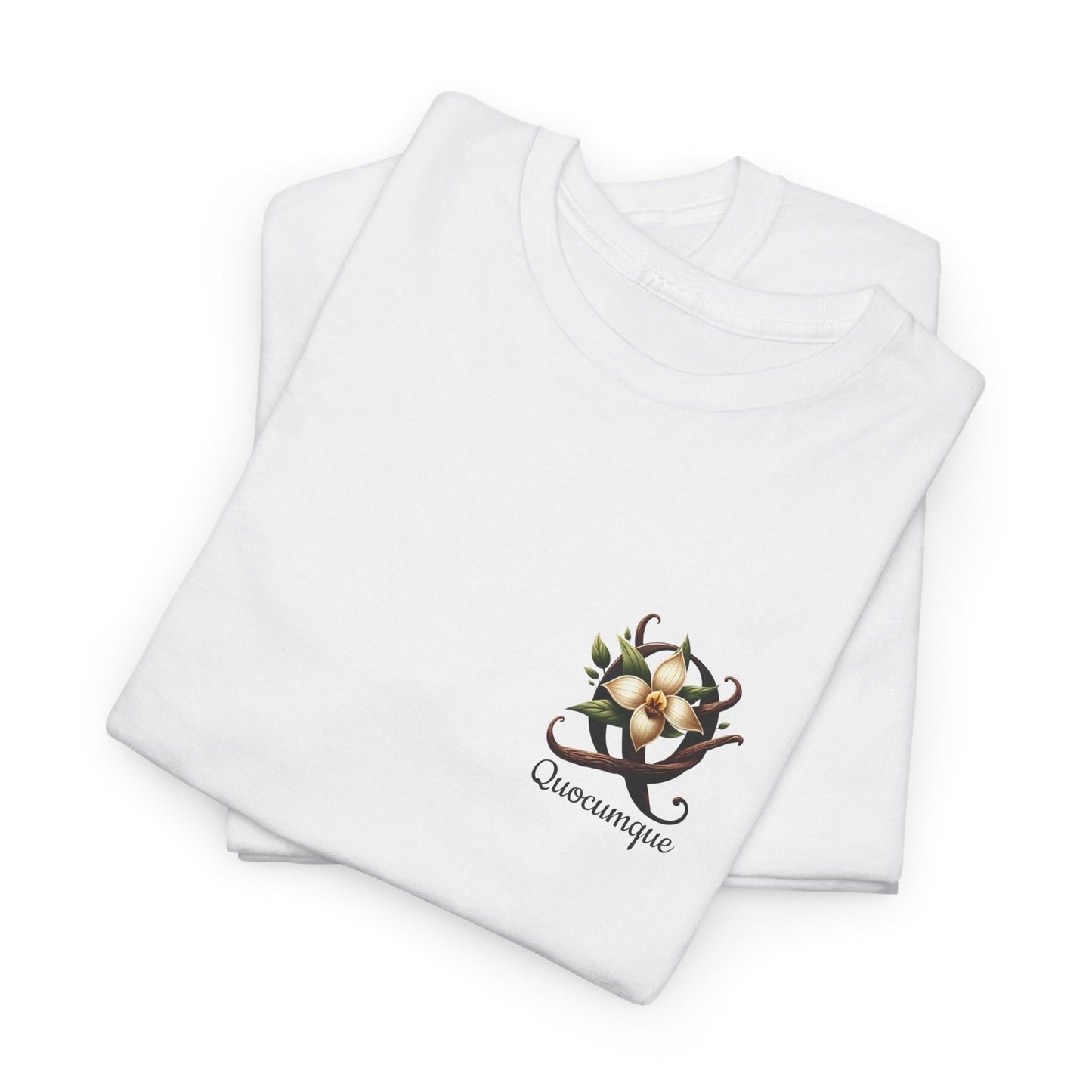 T-shirt Quocumque Vanille "Fleur et Gousses", île de La Réunion, Confort Coton, Sobre, Elégant, Souvenir Unique, Cadeau, Unisexe, Esprit Voyageur