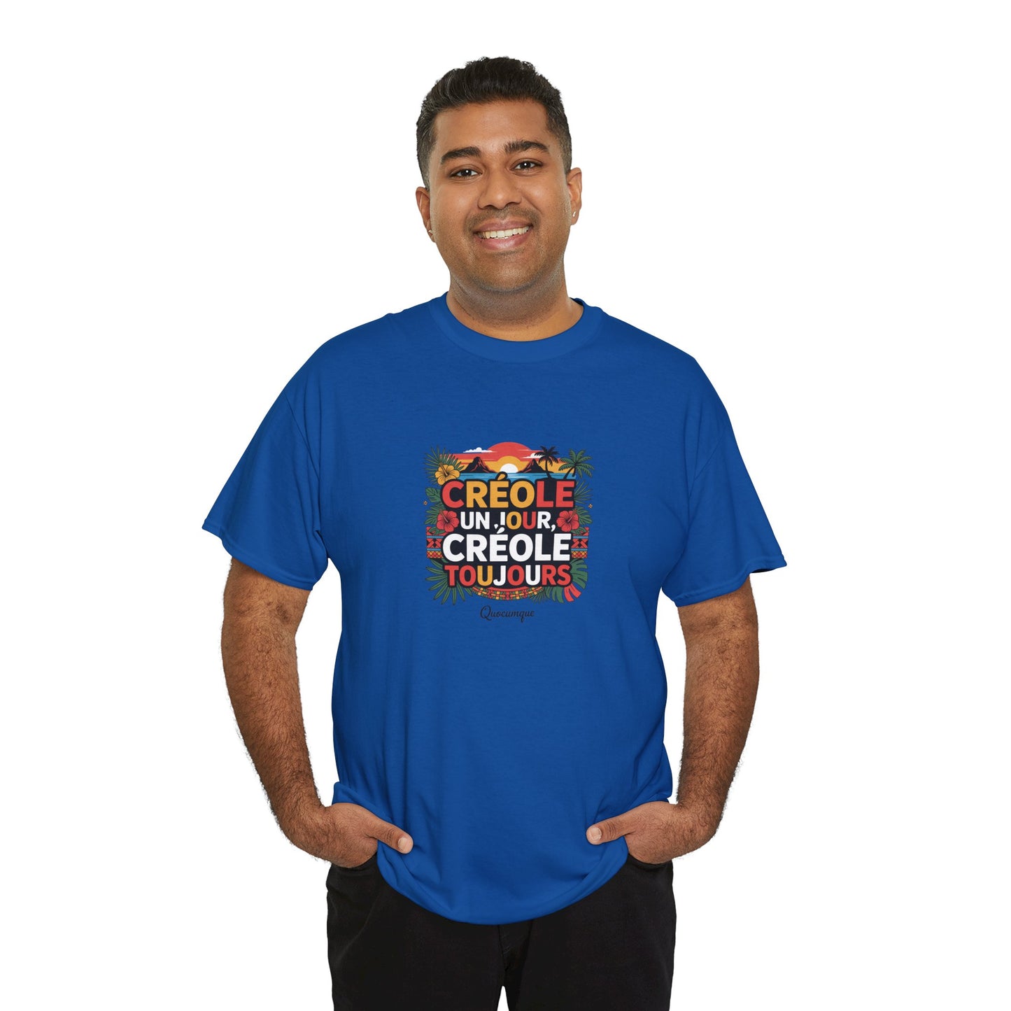T-shirt Quocumque "Créole" Île de La Réunion", Confort Coton, Sobre, Elégant, Souvenir Unique, Cadeau, Unisexe, Esprit Voyageur