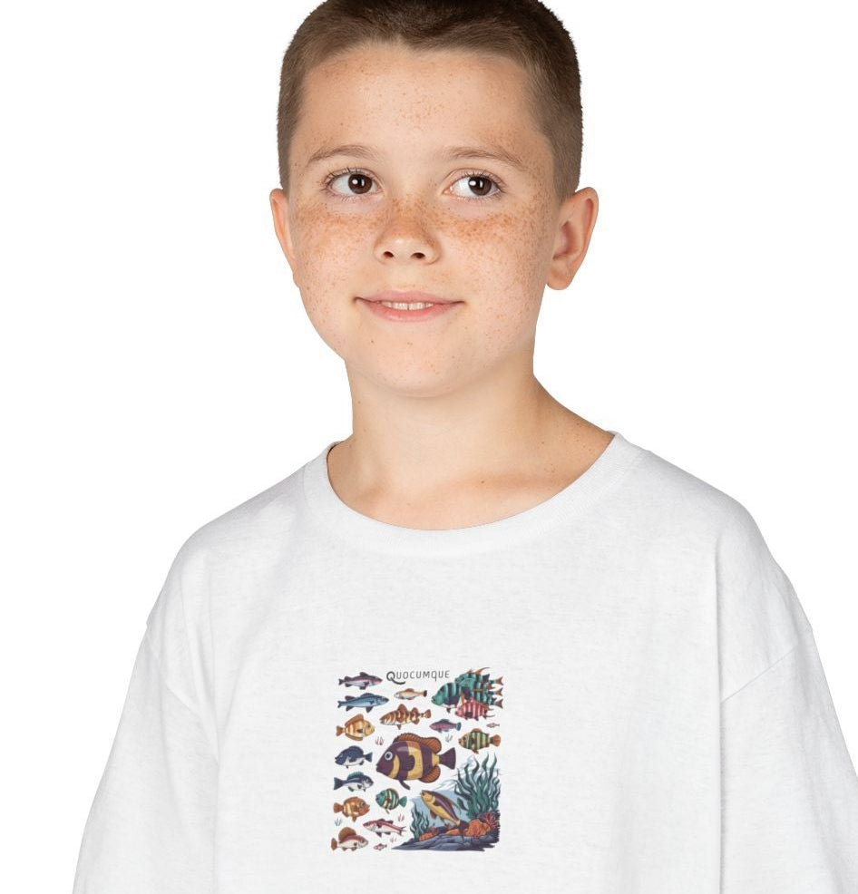 T-shirt Quocumque, Poissons, Marin, Eaux Douces, Douceur Coton, Pour les enfants de 5-6 ans( Taille XS), Pour les 7-8 ans( taille S), Pour les 9-10 ans( taille M), Pour les 11-12 ans( taille L), Pour les 13-14 ans(taille XL)
