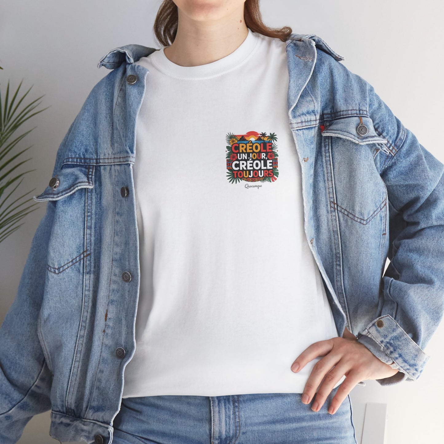 T-shirt Quocumque "Créole" Île de La Réunion", Confort Coton, Sobre, Elégant, Souvenir Unique, Cadeau, Unisexe, Esprit Voyageur