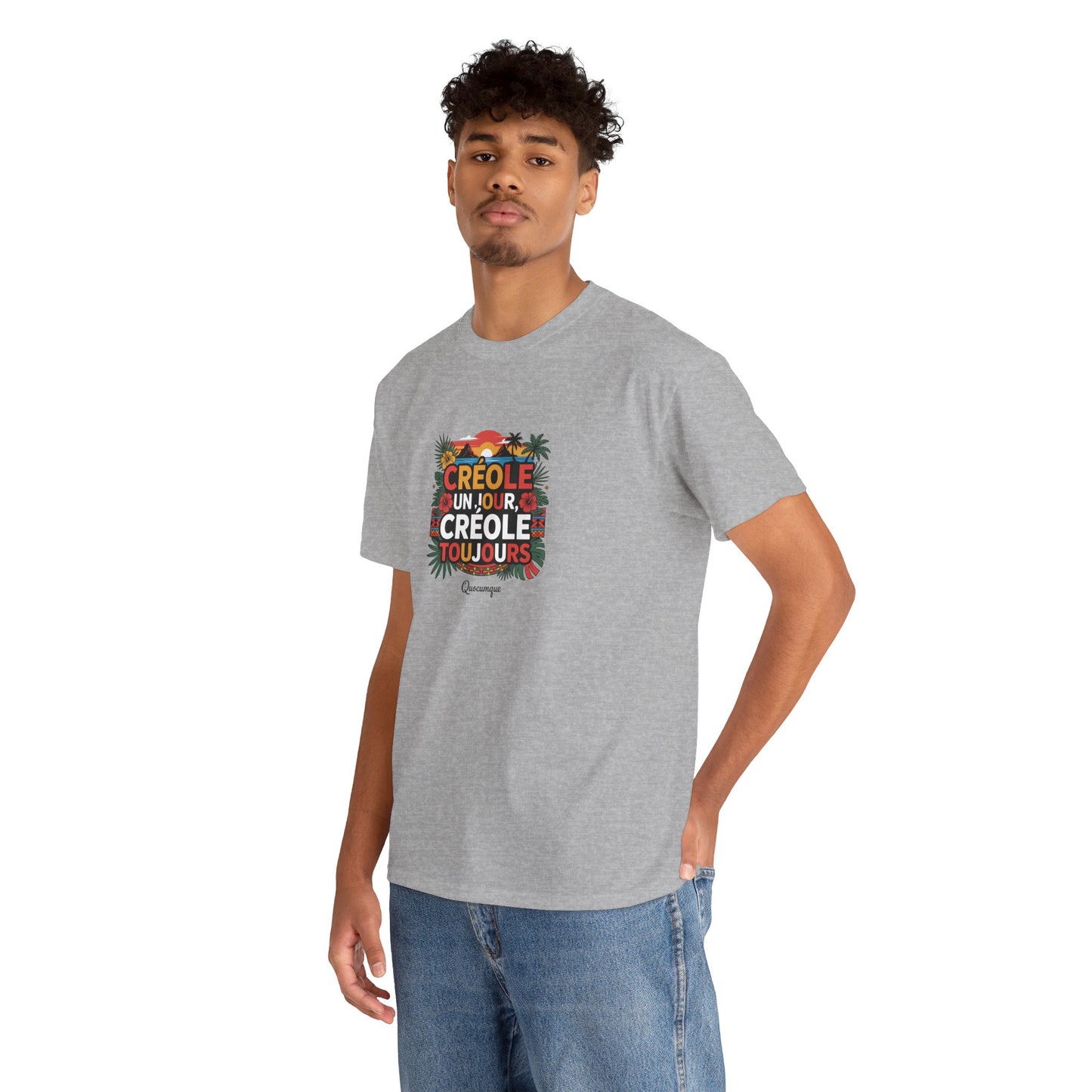 T-shirt Quocumque "Créole" Île de La Réunion", Confort Coton, Sobre, Elégant, Souvenir Unique, Cadeau, Unisexe, Esprit Voyageur