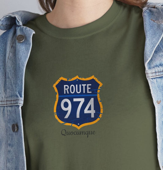 T-shirt "Route 974", Exotisme, Destination Île de La Réunion, Confort Coton, Sobre, Elégant, Souvenir Unique, Cadeau, Unisexe, Esprit Voyageur
