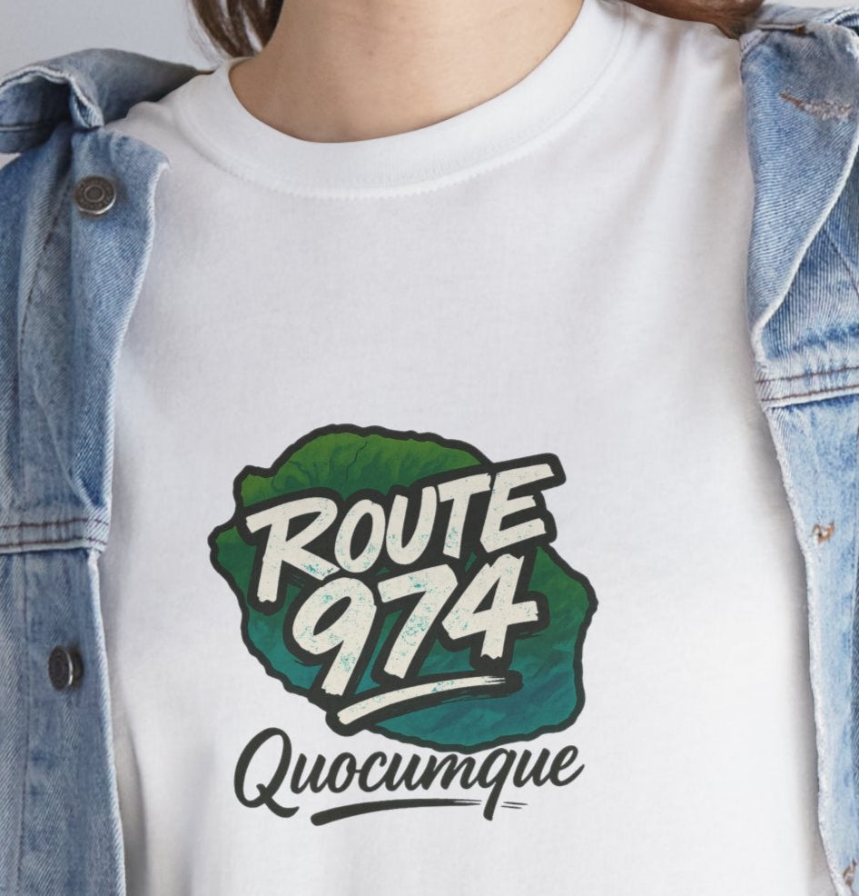 T-shirt "Route 974", Destination Île de La Réunion, Confort Coton, Sobre, Elégant, Souvenir Unique, Cadeau, Unisexe, Esprit Voyageur