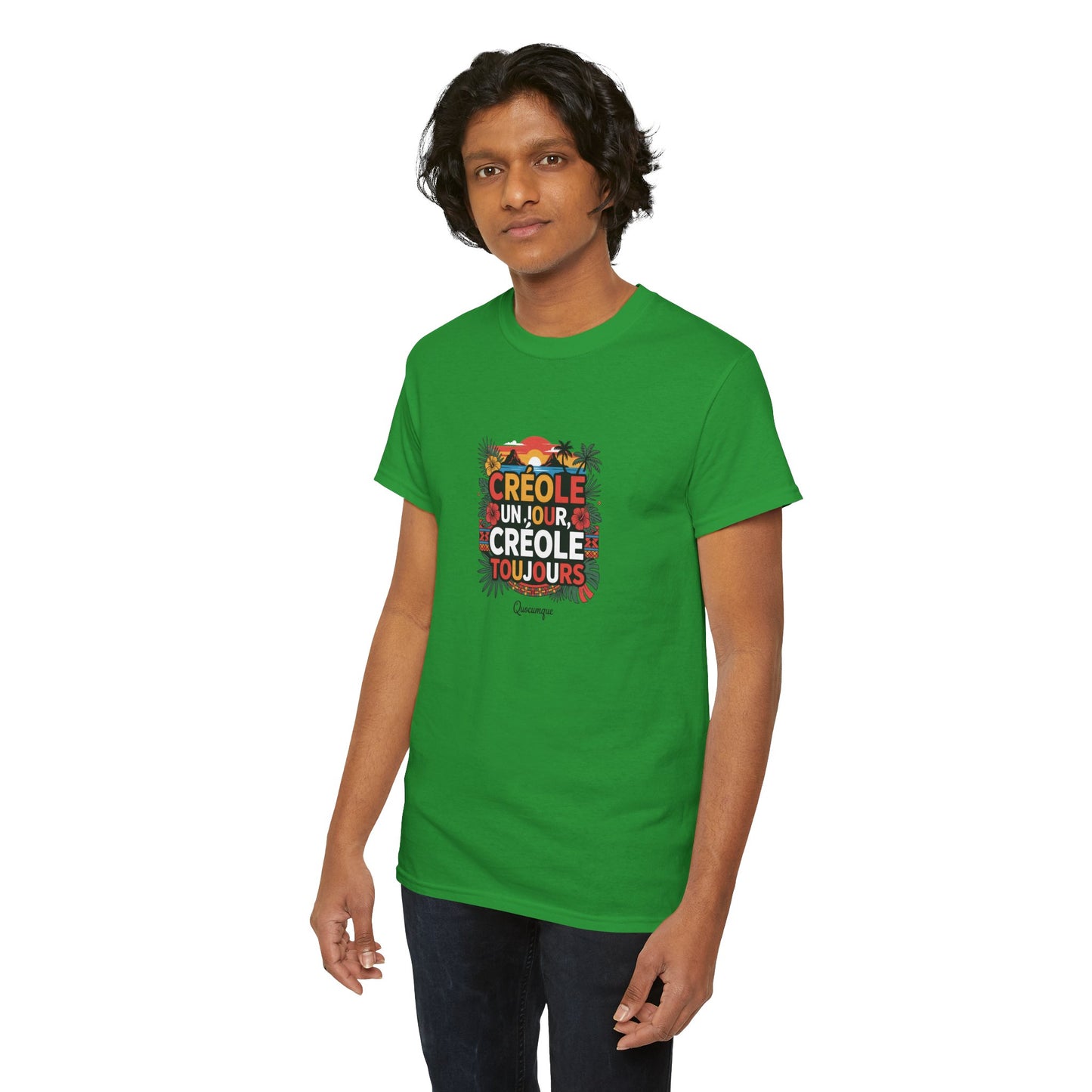 T-shirt Quocumque "Créole" Île de La Réunion", Confort Coton, Sobre, Elégant, Souvenir Unique, Cadeau, Unisexe, Esprit Voyageur