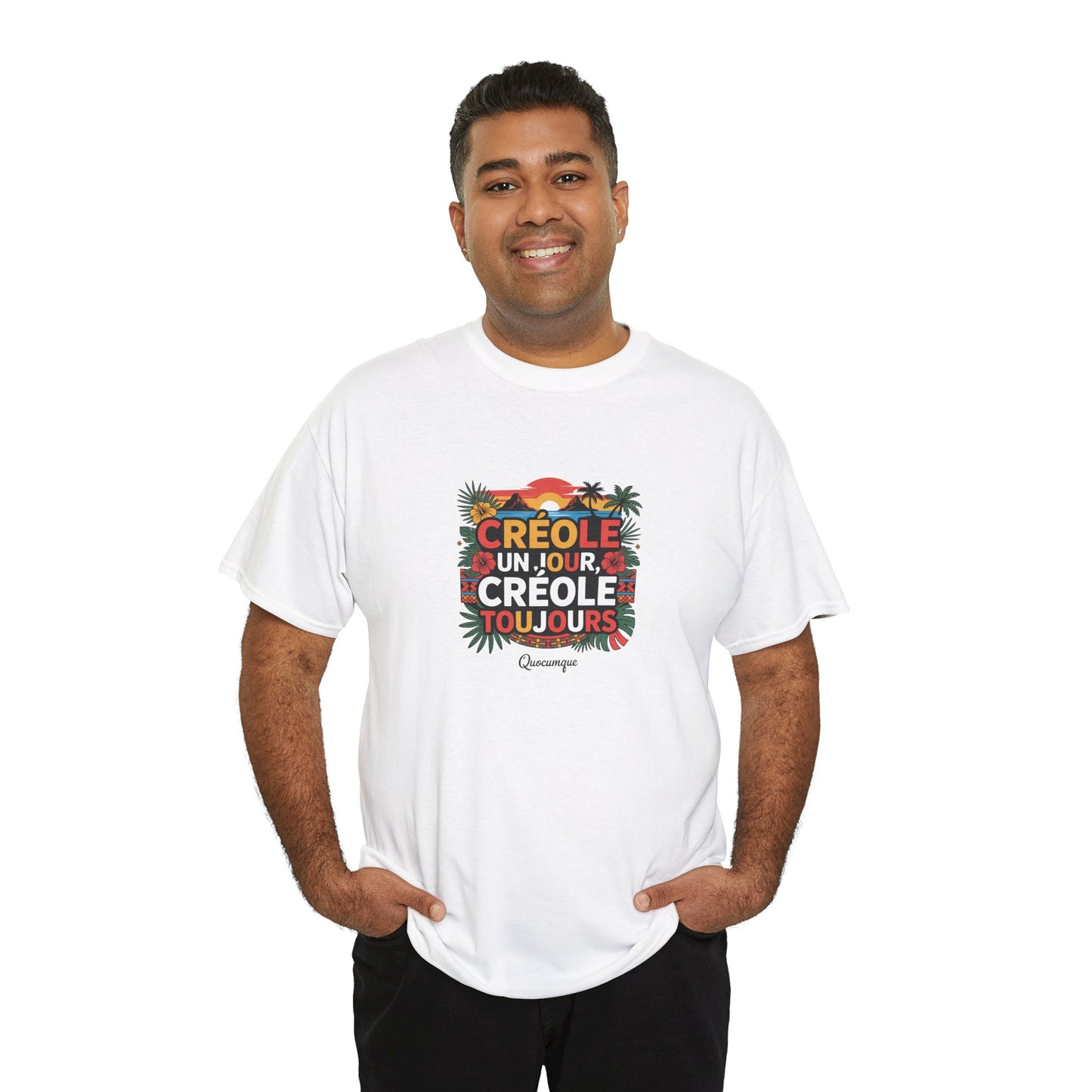 T-shirt Quocumque "Créole" Île de La Réunion", Confort Coton, Sobre, Elégant, Souvenir Unique, Cadeau, Unisexe, Esprit Voyageur