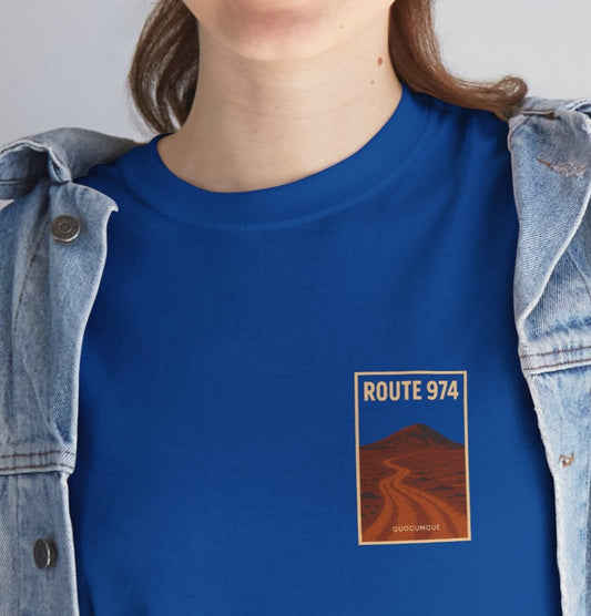 T-shirt "Route 974", Volcan, Exotisme, Destination Île de La Réunion, Confort Coton, Sobre, Elégant, Souvenir Unique, Cadeau, Unisexe, Esprit Voyageur