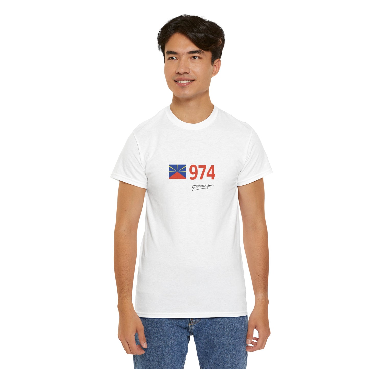 T-shirt "974 Drapeau", Île de La Réunion, Confort Coton, Sobre, Elégant, Souvenir Unique, Cadeau, Unisexe, Esprit Voyageur