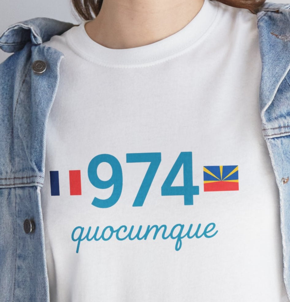 T-shirt "974 Drapeaux", Île de La Réunion, Confort Coton, Sobre, Elégant, Souvenir Unique, Cadeau, Unisexe, Esprit Voyageur