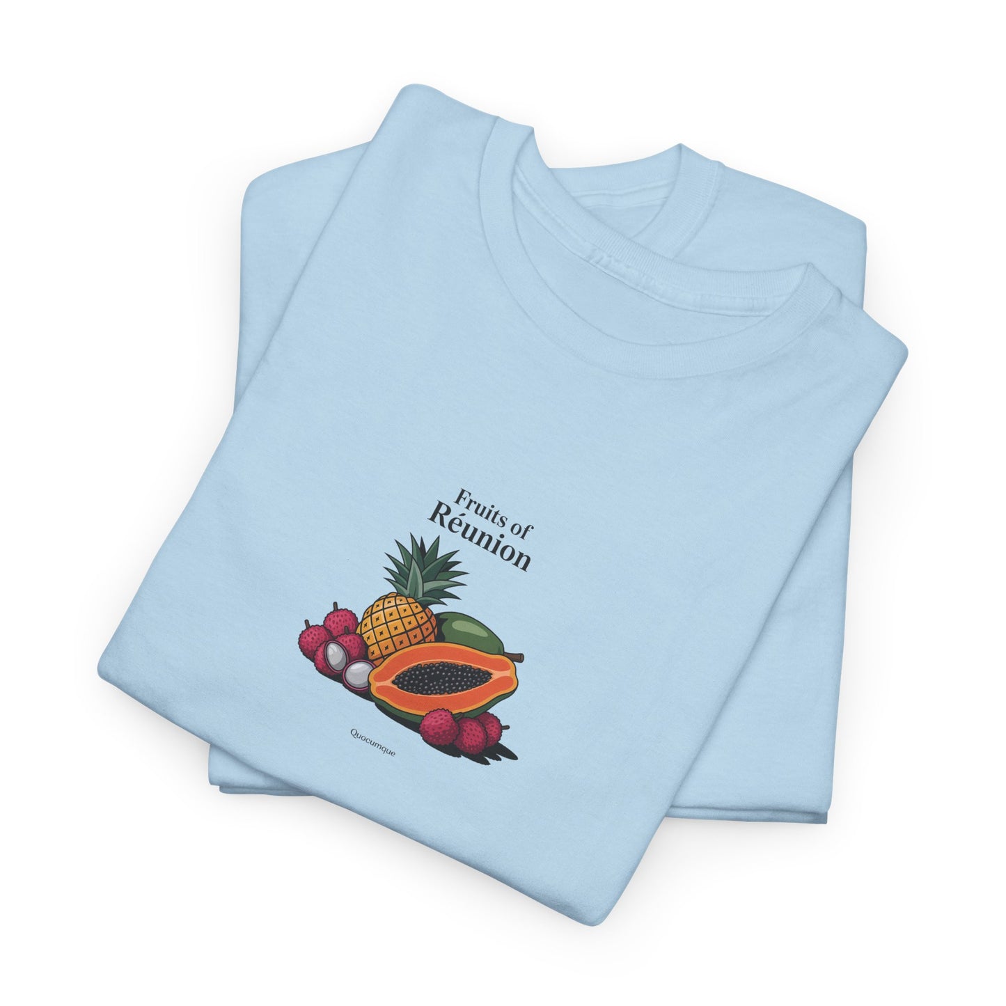T-shirt "Fruits of Réunion", Île de La Réunion, Confort Coton, Sobre, Elégant, Souvenir Unique, Cadeau, Unisexe, Esprit Voyageur